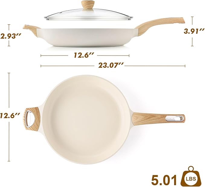 SENSARTE Ceramic Nonstick Frying Pan Skillet with Lid 12.5Inch Large Non Stick Non-toxic Healthy Kitchen Cooking Chef's Pan, Free of Intentionally Added PFOA/PFAS/PTFE, Induction Compatible, White - Image 9