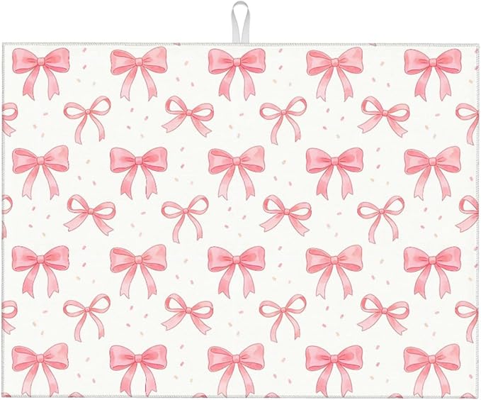 Bow Dish Drying Mat, for Kitchen Counter Microfiber Absorbent, Pink Cute Dish Draining Mat Extra Large 18"x24" by Vodbne