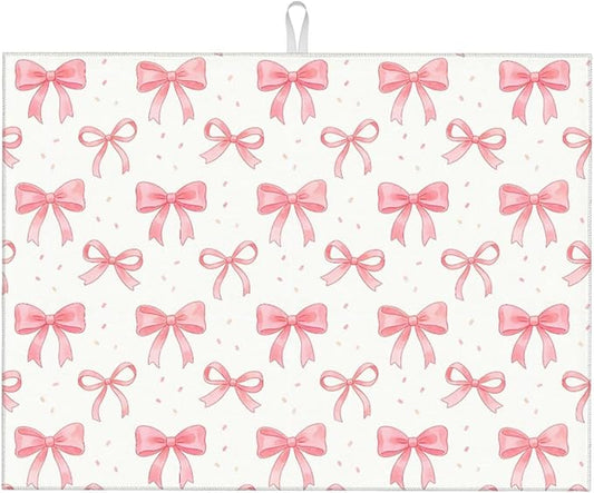 Bow Dish Drying Mat, for Kitchen Counter Microfiber Absorbent, Pink Cute Dish Draining Mat Extra Large 18"x24" by Vodbne