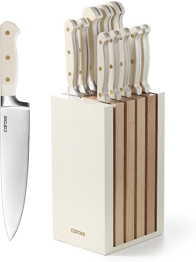 CAROTE 11 Pieces Knife Set with Block for kitchen, Stainless Steel Razor-Sharp Blade, Triple Riveted Ergonomic Handle, Wooden Magnetic Block, Essential Knife Block Set, Beige by CAROTE