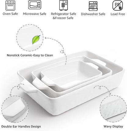 Casserole Dishes for Oven, Ceramic Baking Dishes, Lasagna Pan with Handles, Porcelain Baking Pan Deep, Bakeware for Baking, Cooking, Wedding Gift, Set of 3 (11.6" x 7.8", White) - Image 4