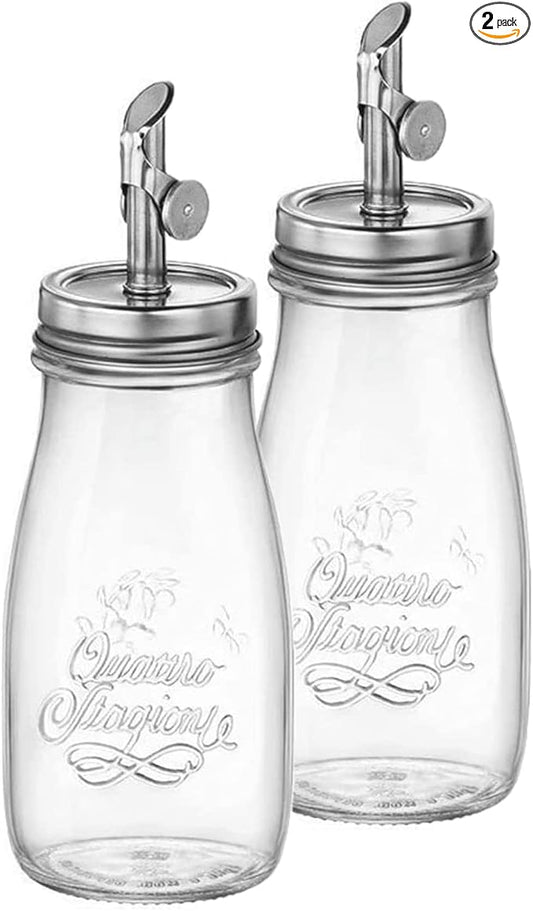 Bormioli Rocco 13.5 oz Quattro Stagioni Oil Dispenser, Set of 2 – Lead-Free Glass Bottles with Weighted Pour Spout for Oil, Vinegar, Syrup & Cocktail Mixers, Durable Kitchen & Bar Containers by Bormioli+Rocco