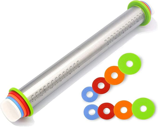 Adjustable Rolling Pin with Thickness Rings for Baking,17" Stainless Steel Dough Roller,Measurement Markings Rolling Pins For Pizza, tortilla,Pie,Pasta,Fondant,Cookies,Perfect for Chefs & Home Bakers by NASNAIOLL