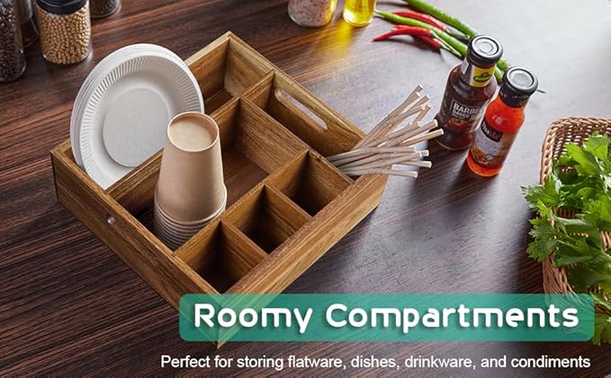 ALELION Acacia Wood Utensil Holder for Party - Paper Plate Organizer for Countertop - Silverware Caddy with 6 Compartments for Plate, Cup, Fork, Spoon - Cutlery Holder for Kitchen Camping Buffet - Image 7