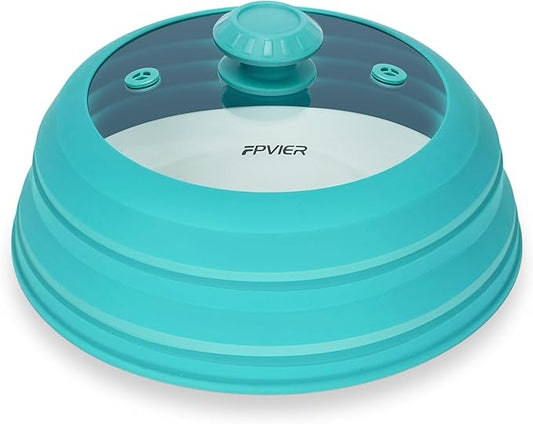 Microwave Splatter cover, Glass Microwave Cover for Food, 11.8 inch Guard Lid with Collapsible Silicone for 6-11 inch Plates & Bowls, Dishwasher Safe, 450°F Heat Resistant, BPA-Free, Blue