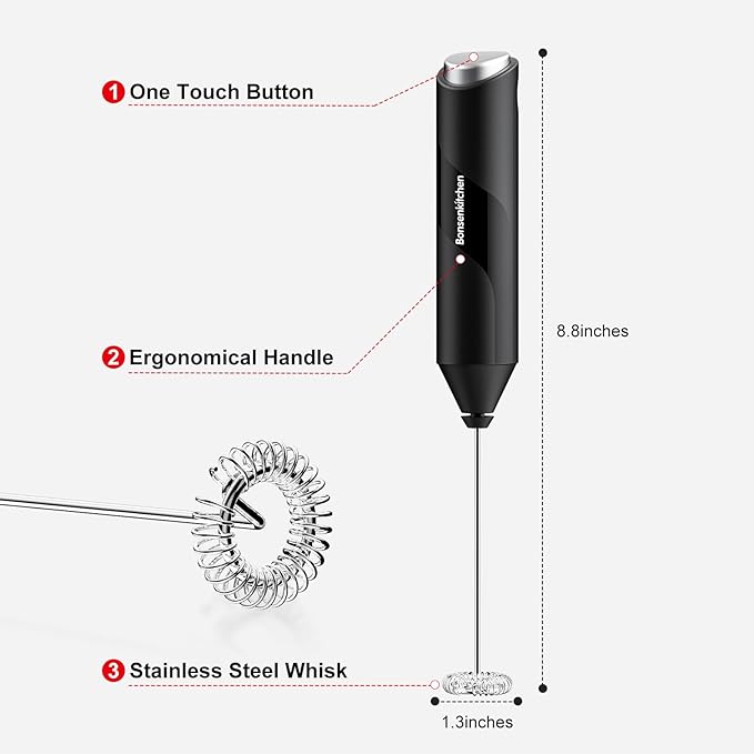 Bonsenkitchen Powerful Milk Frother for Coffee, Fast Handheld Drink Mixer with Stainless Steel Whisk, Battery Operated Hand Frother Stirrer Wand-Black - Image 6