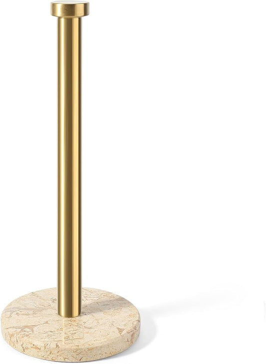 Koville Paper Towel Holder Countertop, Standing Paper Roll Holder with 6" Weighted Marble Base, Stone Paper Towel Holder with Gold Stainless Steel Rod for Kitchen Bathroom (Gold)
