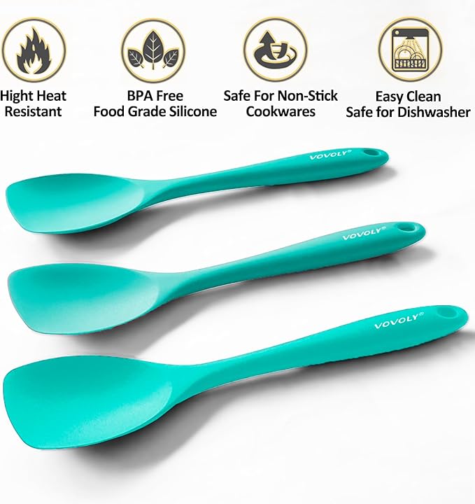 Upgrade Silicone Spatula Spoon Set,VOVOLY Heat Resistant Rubber Spoonula, Seamless Non-Stick Flexible Scrapers for Baking Mixing Tool,3 Pack, Teal - Image 2
