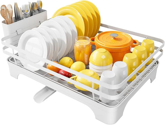 Kitsure Dish Drying Rack - Multi-Functional Dish Rack for Kitchen Counter with Cutlery Holder, Rust-Proof Storage Solution with Rotatable, 15.7" x 12.0" x 5.5", White by Kitsure