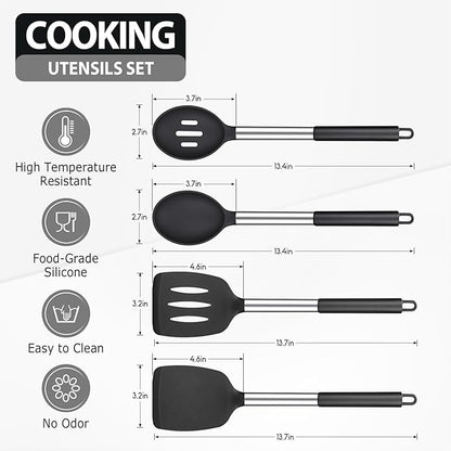 Pack of 4 Large Silicone Cooking Spatulas and Spoons, Slotted and Solid Stainless Steel Cooking Utensils Set, Non-stick Heat Resistant Kitchen for Baking, Fried, Stir-Fry, Mixing, Serving (Black) - Image 2