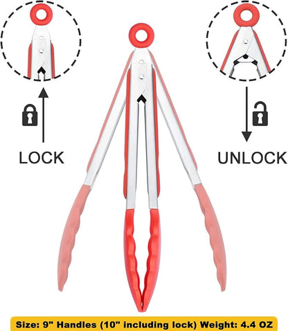 HINMAY Silicone Cooking Tongs 9-Inch Serving Tongs, Set of 3 (Red) - Image 3
