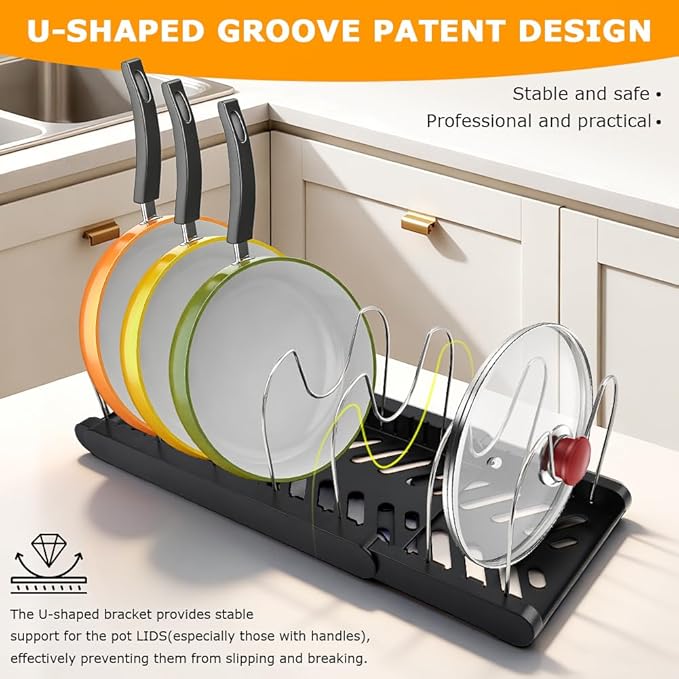Expandable Pot and Pan Organizer Rack for Kitchen Cabinet or Under Sink,with 10 Adjustable Compartment 13"-23" Adjustable Length for Lids Bakeware Frying Rack and Cookware(COLOR:Black)
