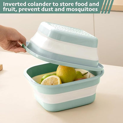 Collapsible Colander and Sink Basin Set - 2 in 1 Collapsible Colander Strainer with Collapsible Wash Basin for Kitchen, RV Camping, Foldable Fruit Vegetable Washing Basket, 8 QT, Blue