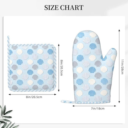 Oven Mitts and Pot Holders Summer Seashell Blue Pastel Silicone Kitchen Accessories Set of 4 Heat Resistant Long Gloves Potholder Non-Slip Grip for Chef Baking Cooking Grilling BBQ