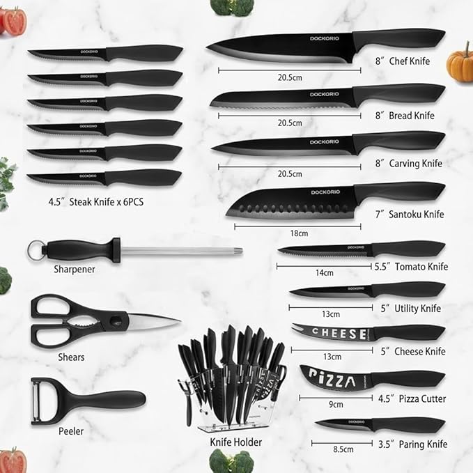 Kitchen Knife Set with Block, 19 PCS High Carbon Stainless Steel Sharp includes Serrated Steak Knives Set, Chef Knives, Bread Knife, Scissor, Sharpener, all in one - Image 2