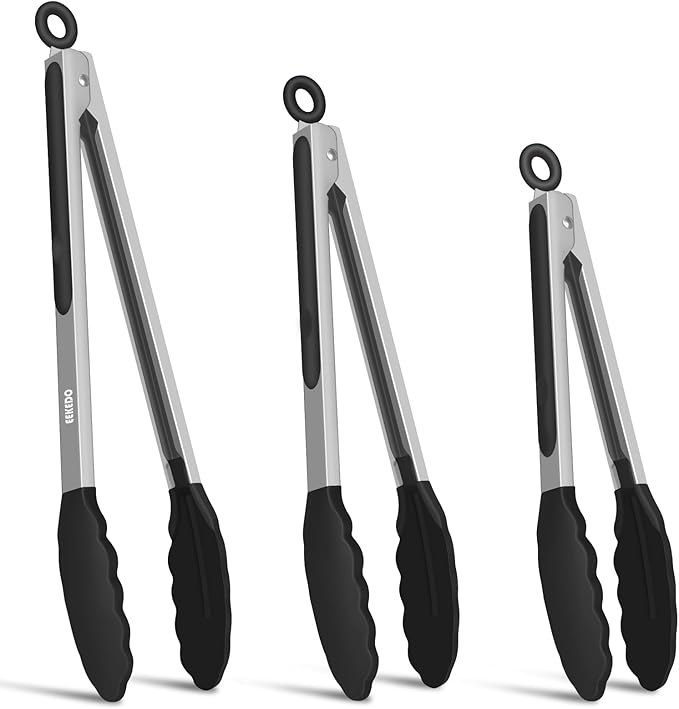 Kitchen Tongs, Stainless Steel Cooking Tongs with Silicone Tips, 600ºF High Heat-Resistant Non Scratch Locking Tongs for Cooking BBQ Grilling Air Fryer Pans, Set of 3 (7" 9" and 12") Black by EEKEDO
