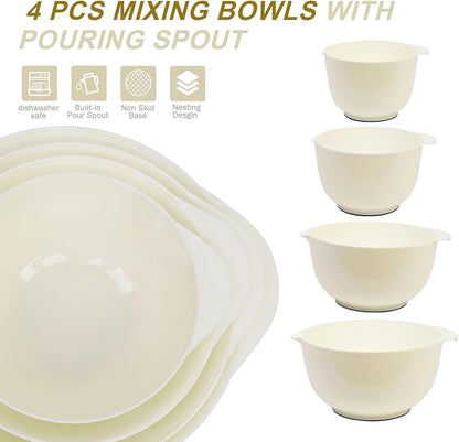 BoxedHome 4 Quart Large Plastic Mixing Bowls, Microwave Safe Mixing Bowl Set with Pour Spout, Nesting Bowls for Space Saving Storage(Beige) - Image 2