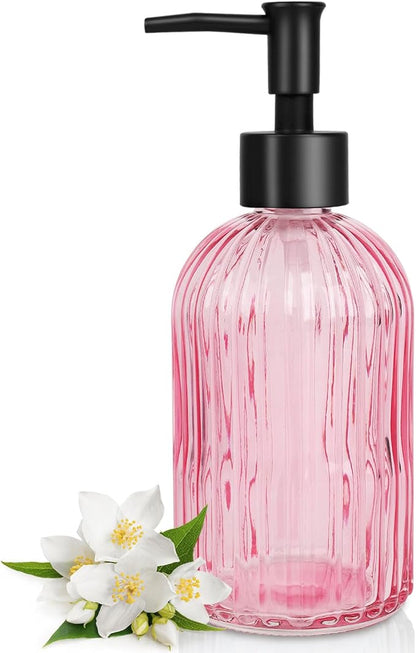 Topsky Stripe Glass Soap Dispenser with Black Plastic Pump, 400ml Liquid Hand Soap Dispenser, Rustproof Pump for Kitchen & Bathroom, Great for Lotions, Essential Oil, Liquid Soaps-Pink by HomeandKitchenNO1