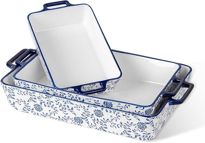 Ceramic Bakeware Set - Casserole Dish Baking Dishes for Oven - Rectangular Lasagna Pans with Handles for Kitchen Cooking - Microwave & Dishwasher Safe - Set of 3 (15.1''/13.6''/9.9'') - Blue by Cerkik