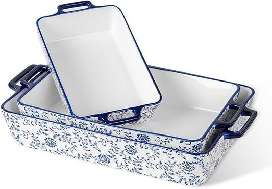 Ceramic Bakeware Set - Casserole Dish Baking Dishes for Oven - Rectangular Lasagna Pans with Handles for Kitchen Cooking - Microwave & Dishwasher Safe - Set of 3 (15.1''/13.6''/9.9'') - Blue by Cerkik