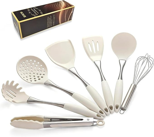 White Silicone Cooking Utensils Set-Non-Toxic, Heat Resistant, BPA Free Kitchen Utensils Set with Spatula, Spoon, Whisk & Tongs-Non-Stick& Dishwasher Safe for Nonstick Cookware by Unknown