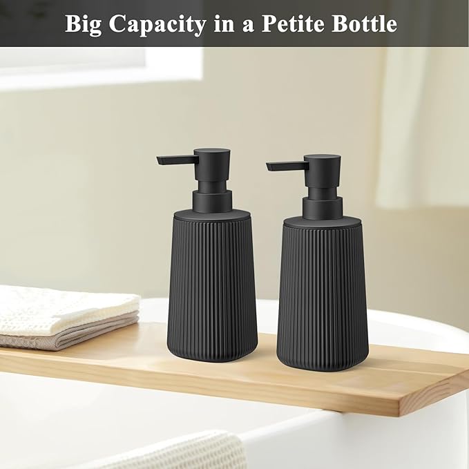 Black 2 Pack Hand Soap Dispensers Set with No Rust Pump for Bathroom and Kitchen Countertops Refillable Matte Striped Plastic 8.5 oz