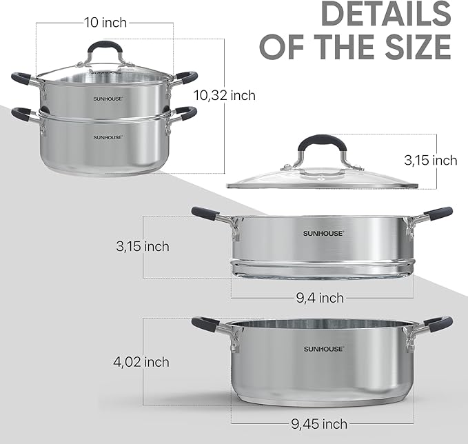 SUNHOUSE - 4.6 Quart Steamer Pots with Lid 2-Tier Multipurpose Stainless Steel Steaming Pot Cookware with Handle for Vegetable, Dumpling, Sauce, Food - Triple Bottom, Measurement Line - Image 7