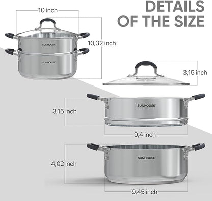 SUNHOUSE - 4.6 Quart Steamer Pots with Lid 2-Tier Multipurpose Stainless Steel Steaming Pot Cookware with Handle for Vegetable, Dumpling, Sauce, Food - Triple Bottom, Measurement Line - Image 7