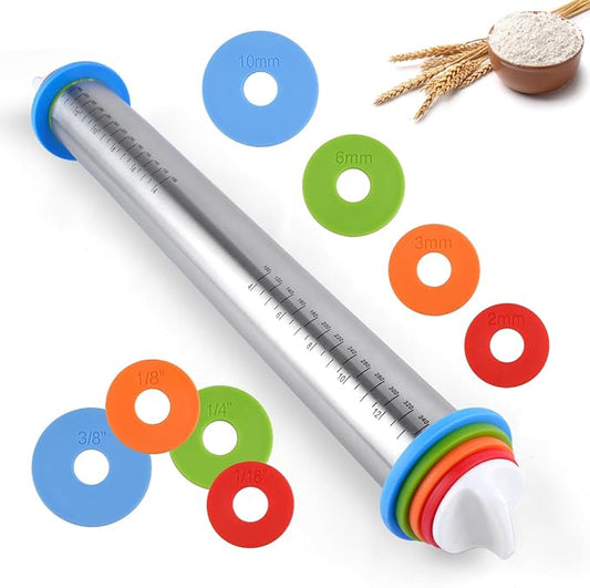Adjustable Rolling Pin with 4 Thickness Rings for Baking, 17” Stainless Steel Dough Roller with Clear Measurement Markings for Pizza, Fondant, Pie, Cookies, Baking Supplies, Pastry, Pasta by PEASUG