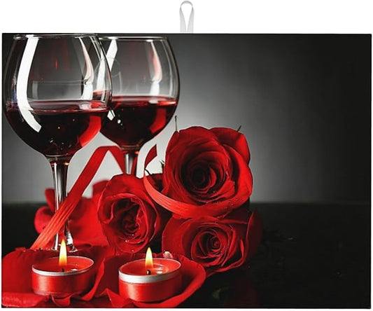 Red Wine Rose Candle Dish Drying Mat Red and Black Romantic Burgundy Blossom Floral Drying Rack Pad Countertop Dishes Ultra Absorbent Microfiber Kitchen Counter Mat 18x24 Inch