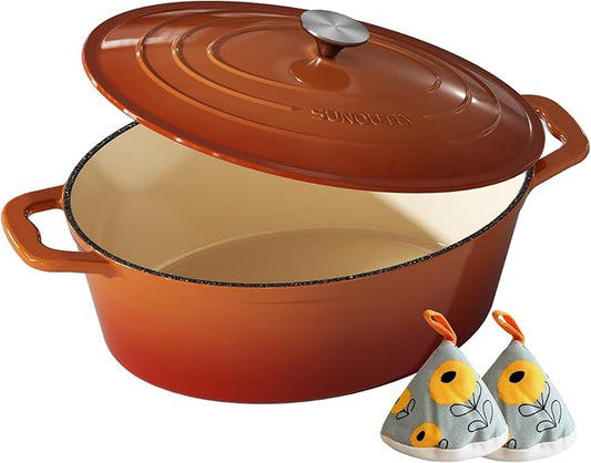 Enameled Cast Iron Dutch Oven - 9.3QT Dutch Oven Pot with Lid & Cotton Potholders - Heavy-Duty Non Stick Casserole Pot for Braising, Stews, Roasting, Baking, Suitable for All Stovetops, Vibrant Orange by SUNOUTLY