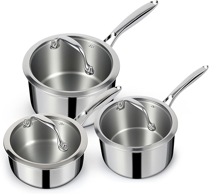 EWFEN 3 Ply Stainless Steel Sauce Pan Set with Lids, 1 & 2 & 3 Quart Multipurpose Cooking Pot, Stay-Cool Handle, Induction Oven Dishwasher Safe, 1QT & 2QT & 3QT by EWFEN