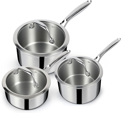 EWFEN 3 Ply Stainless Steel Sauce Pan Set with Lids, 1 & 2 & 3 Quart Multipurpose Cooking Pot, Stay-Cool Handle, Induction Oven Dishwasher Safe, 1QT & 2QT & 3QT by EWFEN