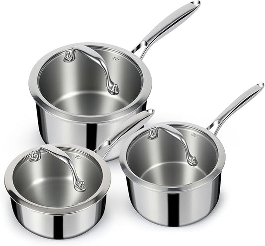 EWFEN 3 Ply Stainless Steel Sauce Pan Set with Lids, 1 & 2 & 3 Quart Multipurpose Cooking Pot, Stay-Cool Handle, Induction Oven Dishwasher Safe, 1QT & 2QT & 3QT by EWFEN