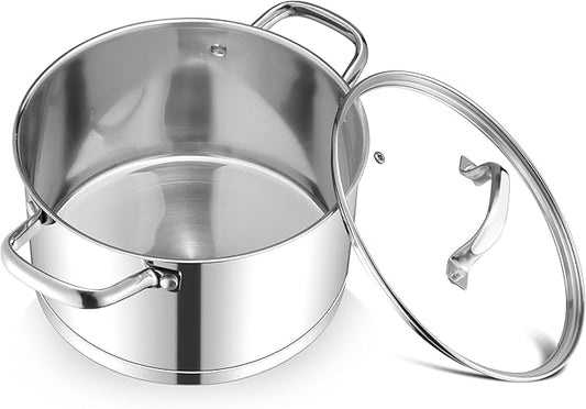 TeamFar 6QT Stainless Steel Stock Pot, Tri-ply Base Cooking Pasta Sauce Soup Pot with Glass Lid for Induction/Gas/Ceramic Stoves, Transparent Cover & Double Handles, Heavy Duty & Dishwasher Safe by TeamFar