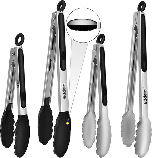 4 Pack Tongs For Cooking, Heat Resistant 600 Degrees 9",12" Stainless Steel Locking Metal Tong & 9",12" Kitchen Tongs with Silicone Tips, Non-Slip Food Silicone Tong, Heavy Duty, Non-Stick by Eddeas