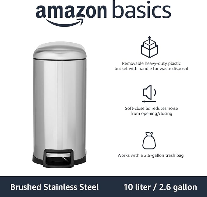Amazon Basics D-Shaped Small Trash Can with Soft-Close Step Pedal, Removable Inner Bucket, Carrying Handle, Smudge Resistant, 10 l / 2.6 gallon, Silver - Image 2