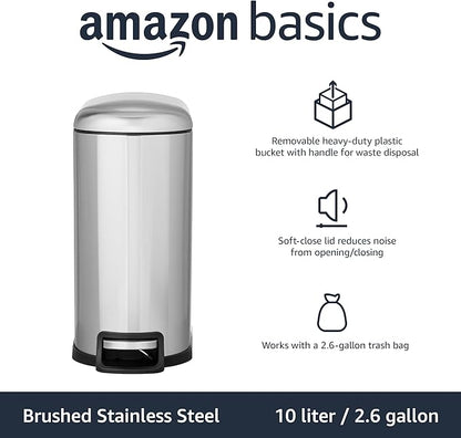 Amazon Basics D-Shaped Small Trash Can with Soft-Close Step Pedal, Removable Inner Bucket, Carrying Handle, Smudge Resistant, 10 l / 2.6 gallon, Silver - Image 2