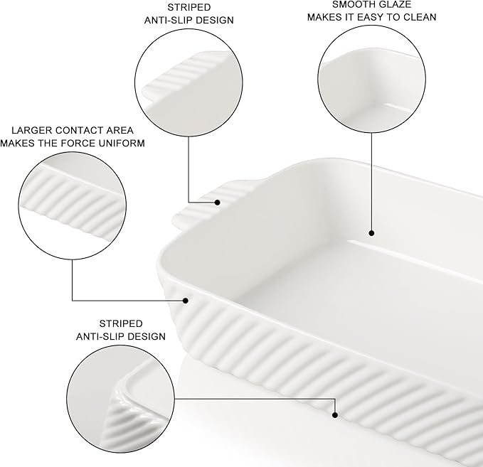 Sweejar Ceramic 13 x 9 Baking Pan, Cake Baking Dish for Brownie, Porcelain Striped Casserole Dishes for Oven with Handle for Lasagna, Family Dinner(White) - Image 4