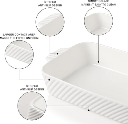 Sweejar Ceramic 13 x 9 Baking Pan, Cake Baking Dish for Brownie, Porcelain Striped Casserole Dishes for Oven with Handle for Lasagna, Family Dinner(White) - Image 4
