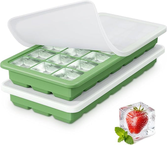 Silicone Ice Cube Trays 3Packs, Easy Release Ice Cube Molds with Lid, Freezer Stackable Ice Maker for Whiskey, Baby Food, BPA Free (2, Green) by Unknown