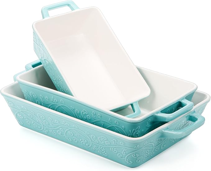 Okllen Set of 3 Casserole Dishes for Oven, Ceramic Baking Dishes with Handles, Rectangular Lasagna Pan Bakeware Set for Baking Cooking, Roasting, Broiling, Gratin, Wedding & Housewarming Gift, Blue - Image 3