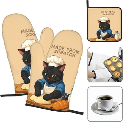 Funny Black Cat Oven Mitts and Pot Holders Set, Heat Resistant Cute Oven Gloves Hot Pads for Cooking Grilling Baking Kitchen Decor, Black Cat Lover Gifts for Chef Baker, Baking Gifts for Women