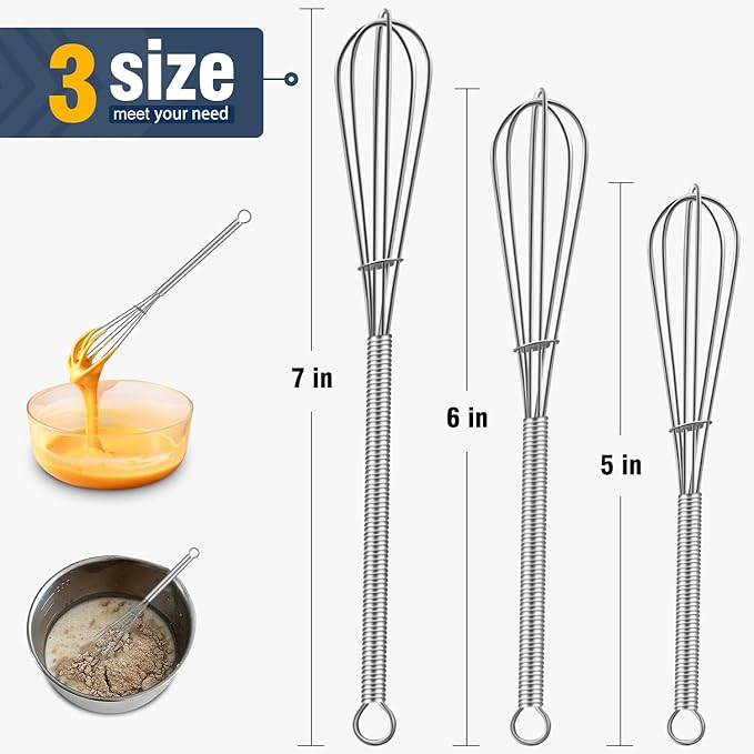 Eddeas Small Whisk Stainless Steel, Mini wire whisk 3 Pieces, 5in, 6in & 7in Tiny Whisks Perfect for Whisking, Beating, Mixing Sauces & Blending Ingredients. - Image 4