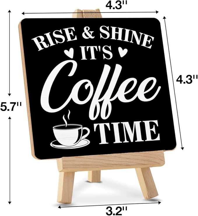 Coffee Bar Decor, Rise and Shine It's Coffee Time Wood Sign with Easel Home Kitchen Desk Shelf Tabletop Table Decor - Image 2