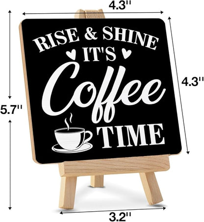 Coffee Bar Decor, Rise and Shine It's Coffee Time Wood Sign with Easel Home Kitchen Desk Shelf Tabletop Table Decor - Image 2