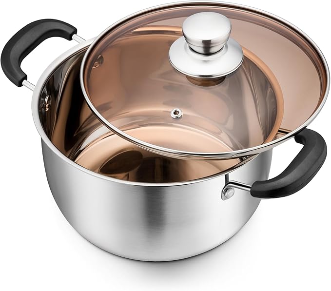 P&P CHEF 3 Qt Stockpot with Lid, Stainless Steel Cooking Stock Pot for Soup, Heat-Proof Double Handles with Visible Lid, Dishwasher Safe & Healthy, 1-Ply Metal