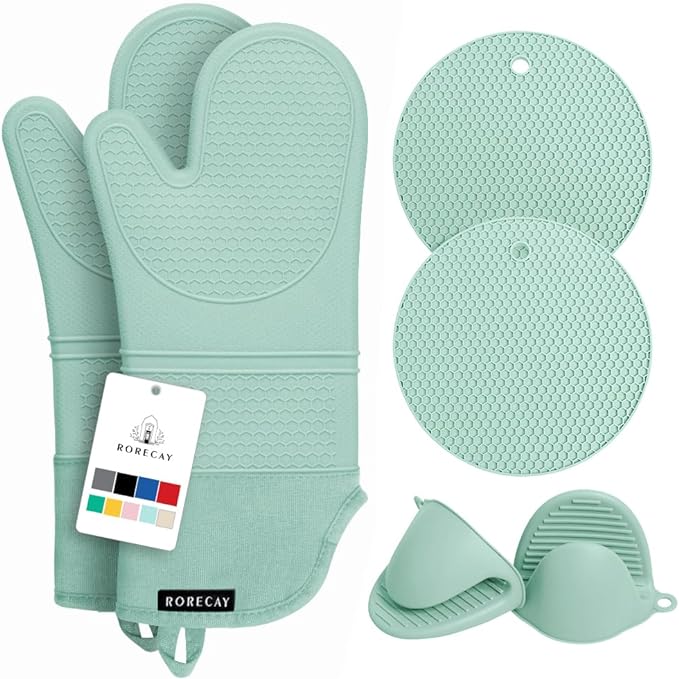 Rorecay 6pcs Oven Mitts and Pot Holders Sets Heat Resistant 500 Degrees, Extra Long Silicone Oven Gloves Non-Slip Potholders Hot Pads for Kitchen Baking Cooking, Quilted Liner, Bermuda Teal by Rorecay
