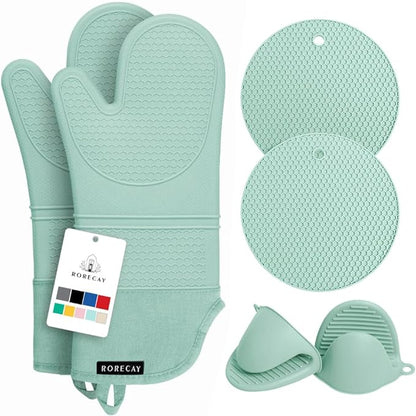 Rorecay 6pcs Oven Mitts and Pot Holders Sets Heat Resistant 500 Degrees, Extra Long Silicone Oven Gloves Non-Slip Potholders Hot Pads for Kitchen Baking Cooking, Quilted Liner, Bermuda Teal by Rorecay
