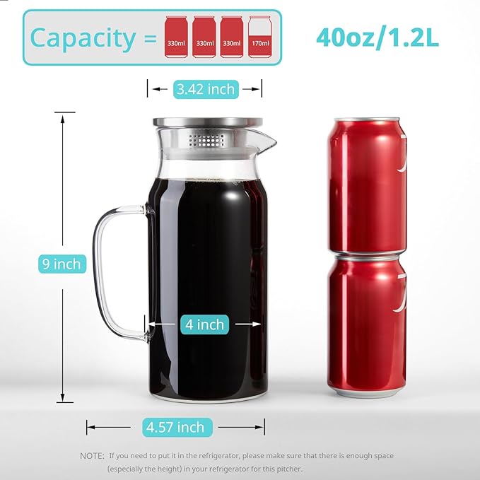 Bivvclaz 2 Pack 1.2 Liter 40 oz Small Glass Pitcher with Lid and Handle, Glass Carafe Water Pitcher for Hot/Cold Water, Iced Tea, Drinks, Coffee, Juice and Homemade Beverage - Image 2